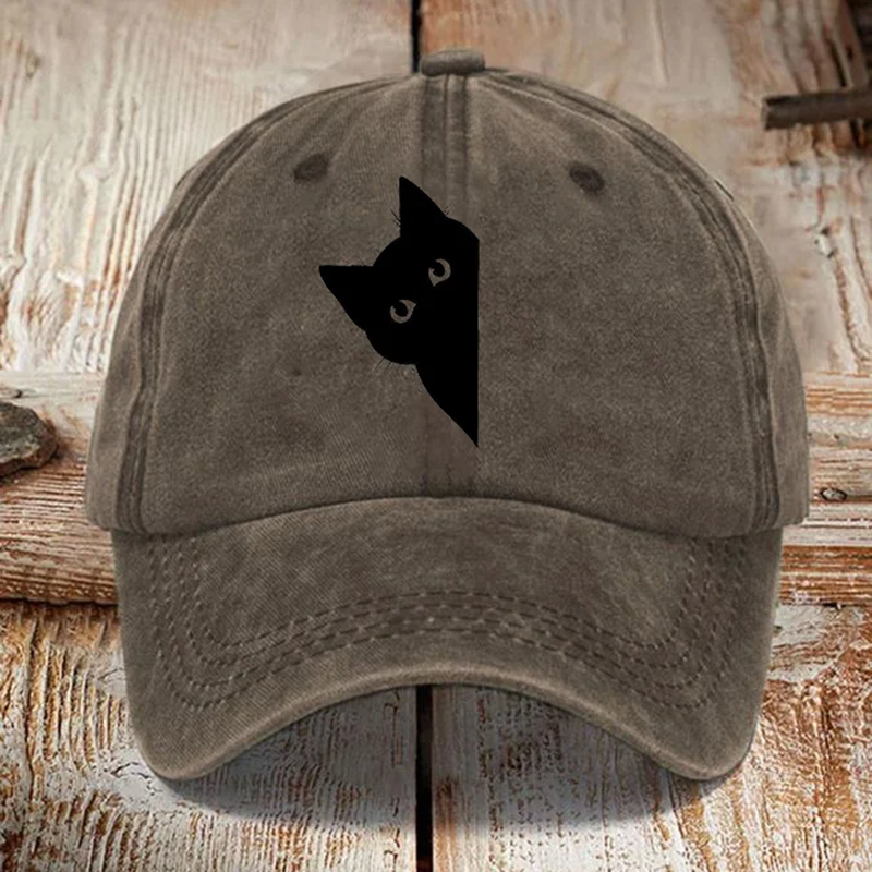 Comstylish Japanese Art Black Cat Print Washed Sun Hat