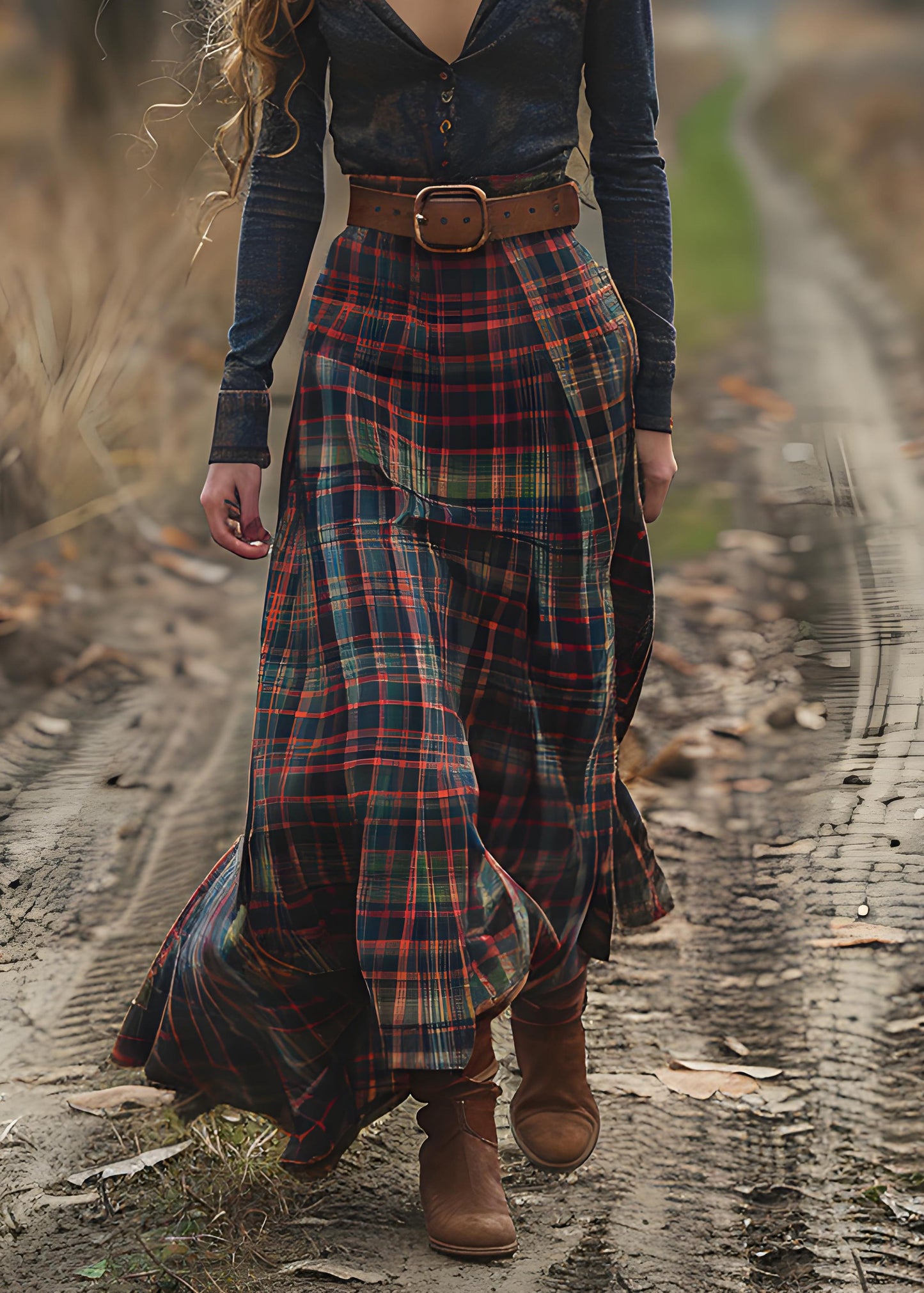 V Neck Plaid Patchwork Cotton Long Dress Spring