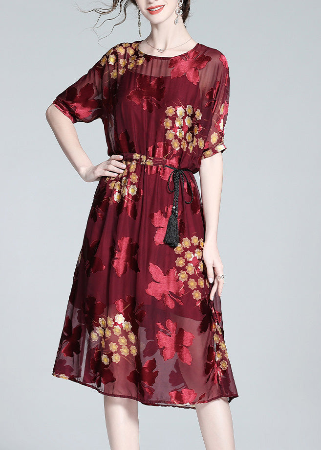 Diy Red O-neck Print Tunic Silk Maxi Dresses and Slip Dress Two Pieces Set Summer
