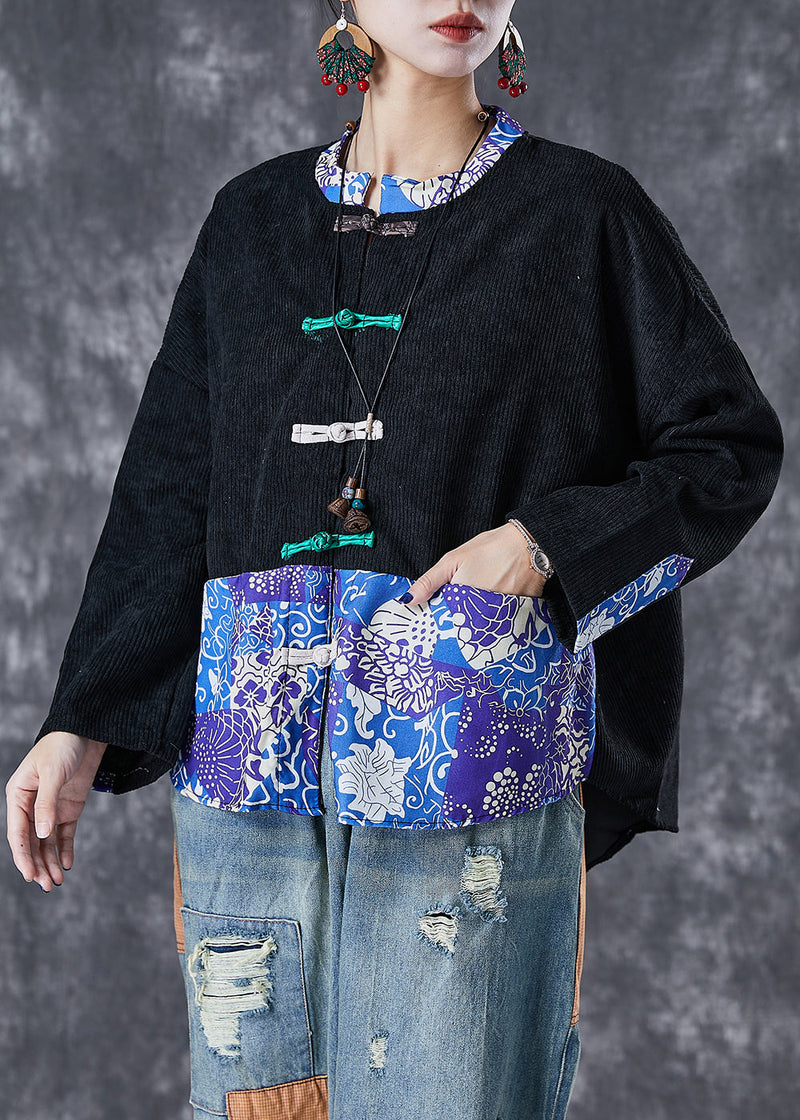Black Print Patchwork Print Corduroy Coats Fall