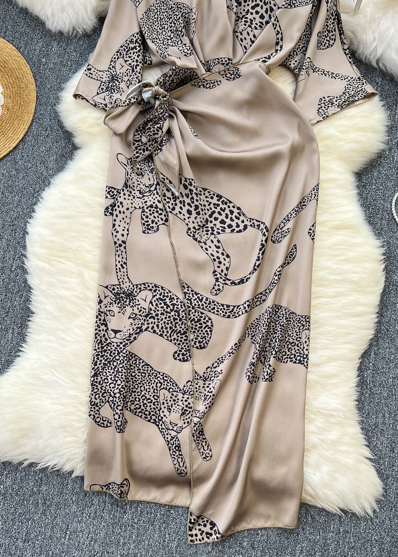 French Photo Color Print Lace Up Silk Dress Half Sleeve Summer
