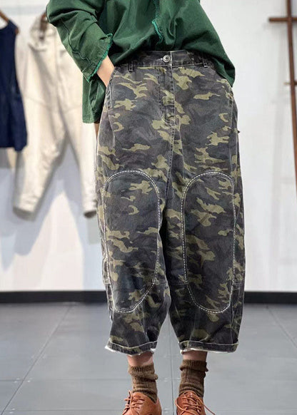 Green Elastic Waist Embroideried Camouflage Cotton Harem Pants Fall