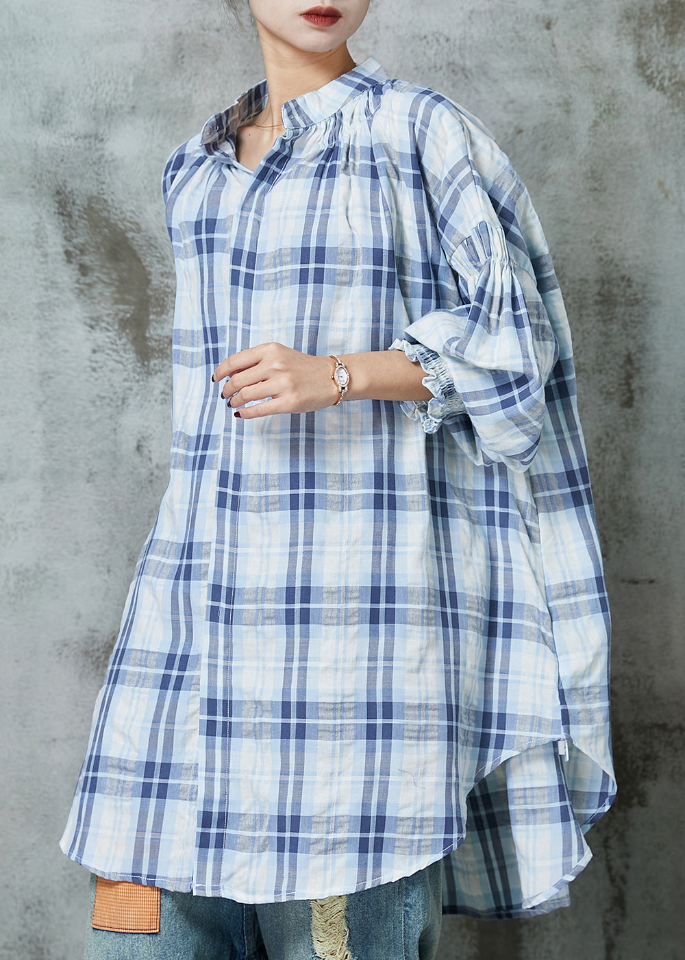 Blue Oversized Plaid Cotton Blouses Lantern Sleeve