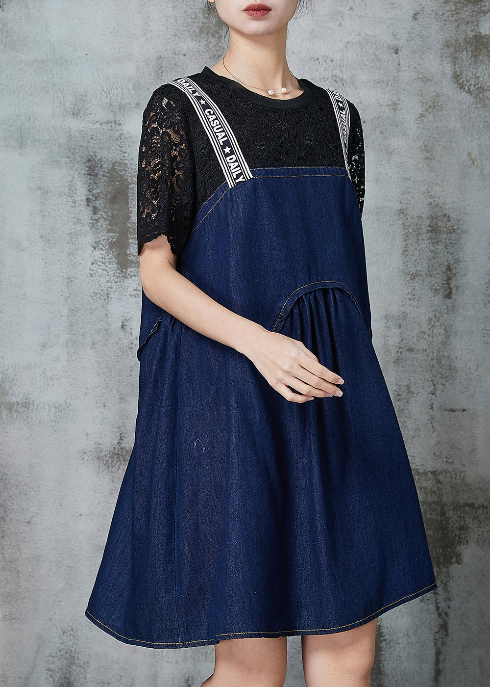 Navy Patchwork Denim Fake Two Piece Dress Summer
