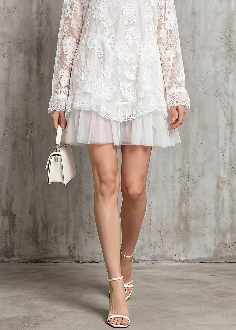 Stylish White O Neck Tulle Patchwork Lace Mid Dresses Spring