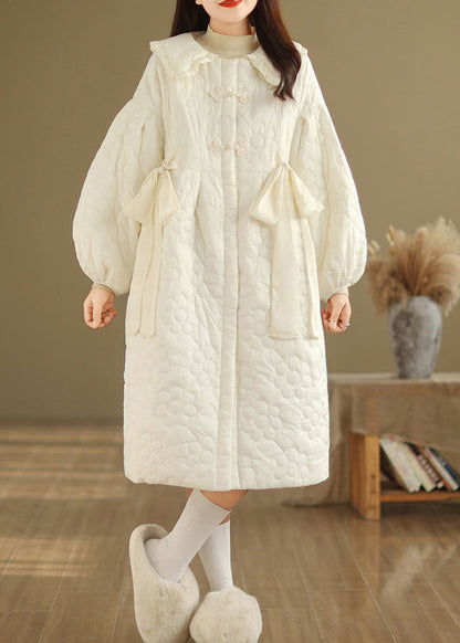 Beige Peter Pan Collar Fine Cotton Filled Coat Lantern Sleeve