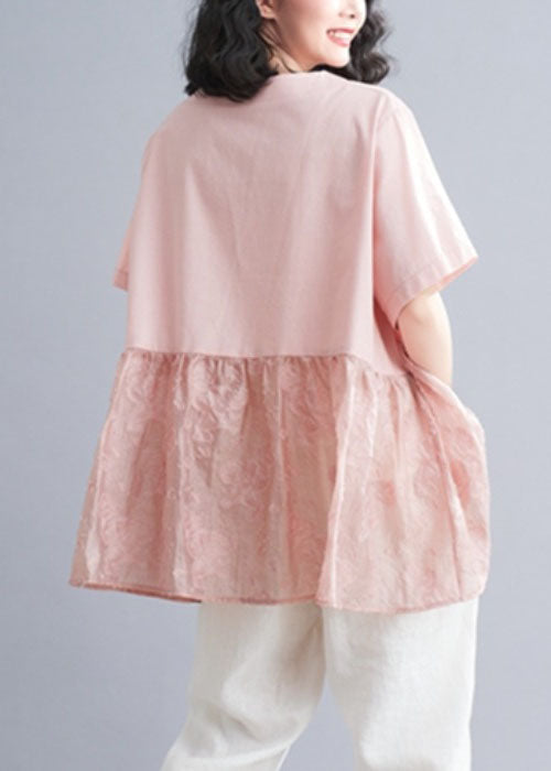 Pink V Neck Patchwork Jacquard Cotton Tank Tops Short Sleeve