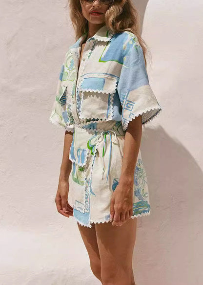 Peter Pan Collar Print Lace Up Cotton Two Piece Set Summer