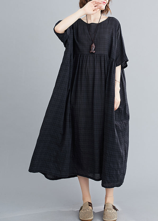 Loose Black O-neck Plaid Patchwork Maxi Dresses Summer