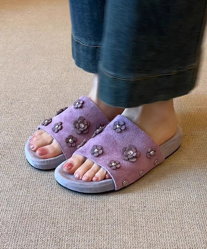 Fine Splicing Purple Suede Slide Sandals Peep Toe
