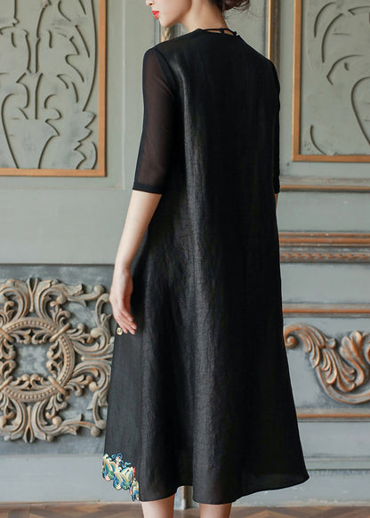 Black V Neck Embroideried Patchwork Silk Dress Summer