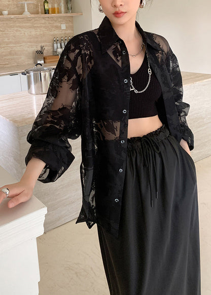 Black Peter Pan Collar Print Patchwork Chiffon Shirt Fall