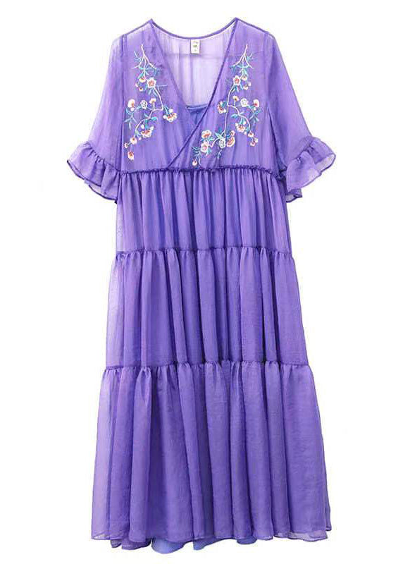 Loose Purple V Neck Embroidered Wrinkled Patchwork Chiffon Dress Summer