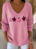 Women's Casual Pink Maple Leaf Pumpkin Striped Autumn And Winter Bottoming Shirt elevenforest