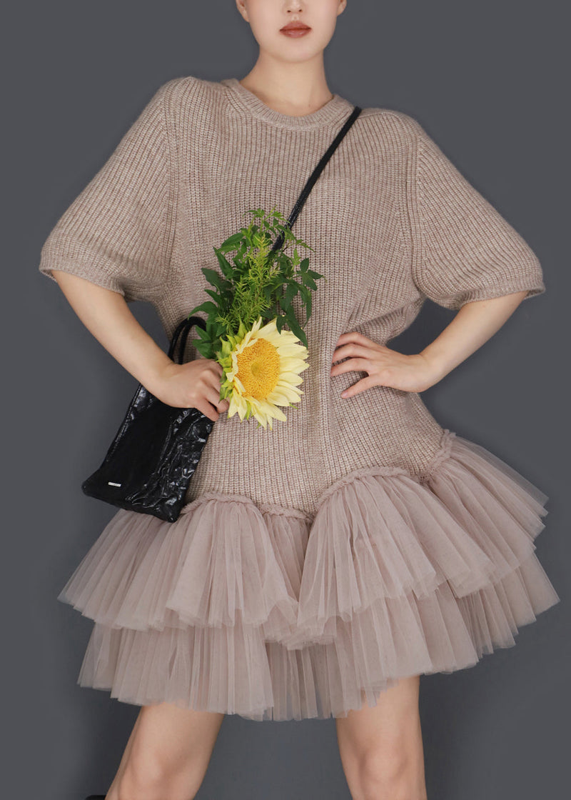 Oatmeal Color O Neck Wrinkled Tulle Patchwork Knit Sweater Dress