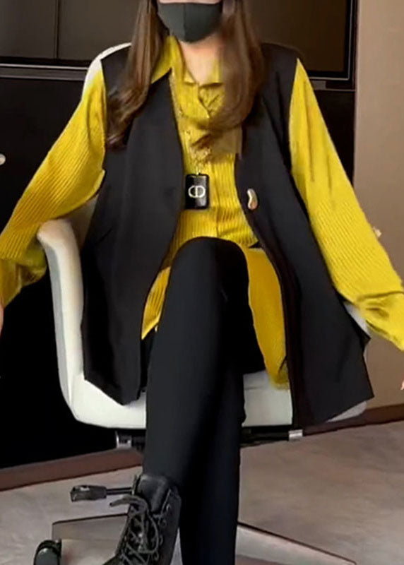 Natural V Neck Black Waistcoat and Yellow Shirts Two Pieces Set Fall