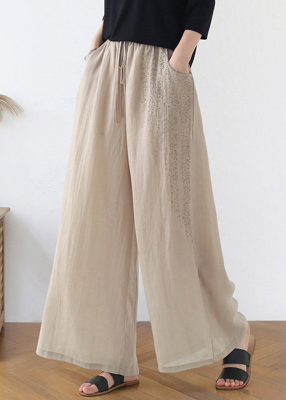 Apricot Embroideried Pockets Linen Wide Leg Pants Fall