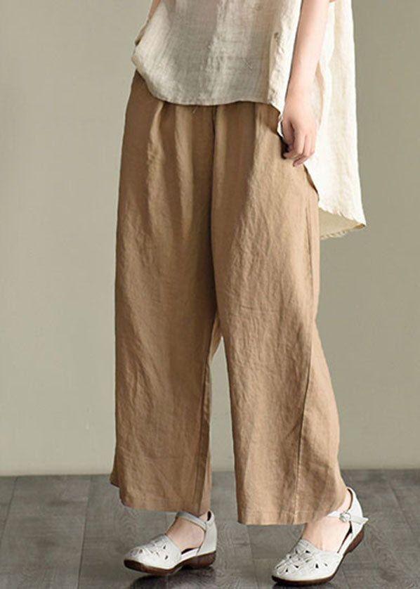 Loose Dark Khaki Elastic Waist Drawstring Linen Wide Leg Pants Spring
