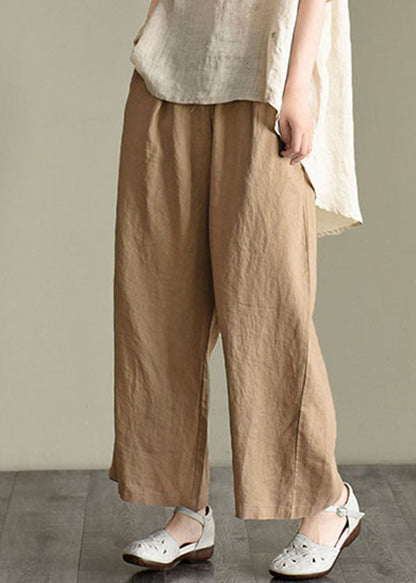 Loose Dark Khaki Elastic Waist Drawstring Linen Wide Leg Pants Spring