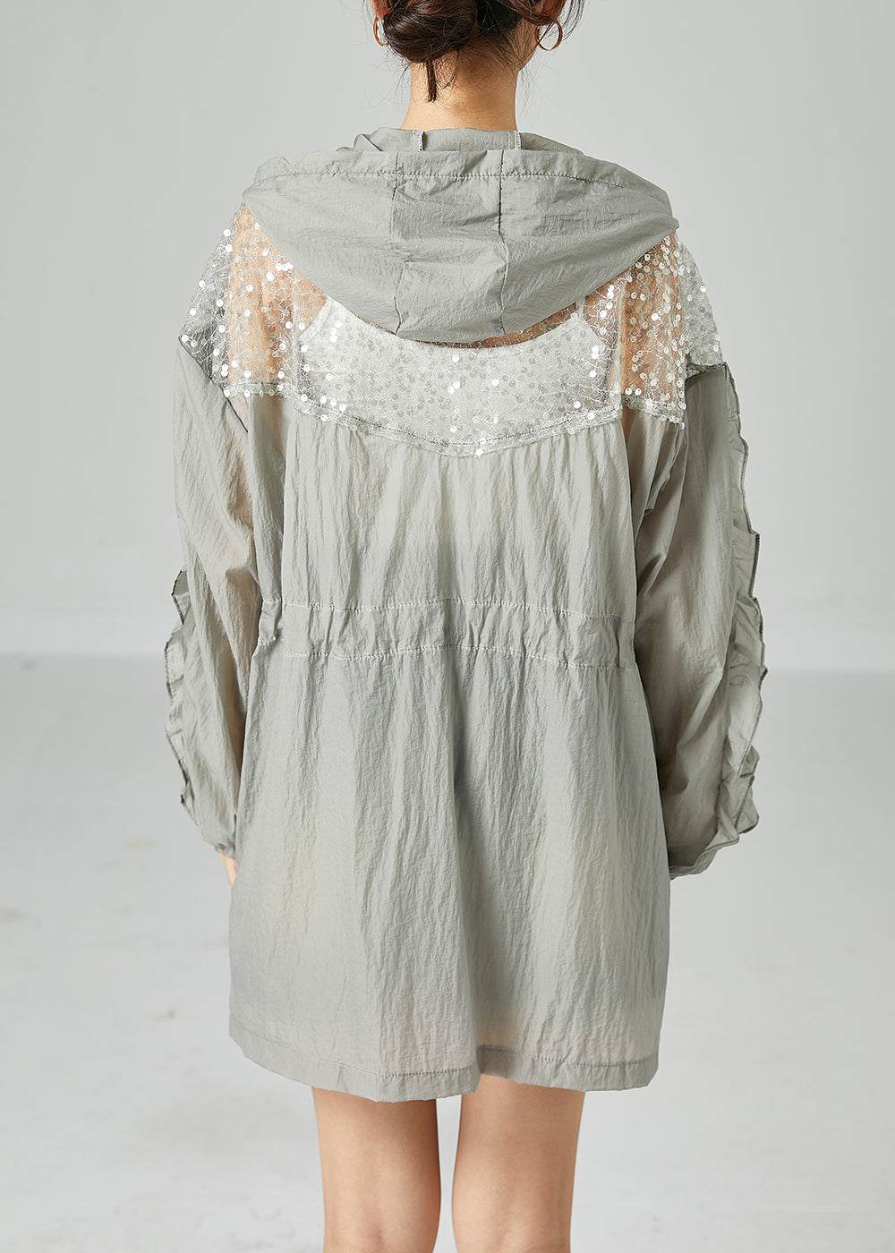 Grey Hooded Sequins Patchwork Drawstring Upf 50+ Coat Jacket Summer