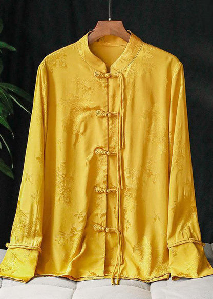 Yellow Mandarin Collar Jacquard Tassel Silk Shirt Top Long Sleeve