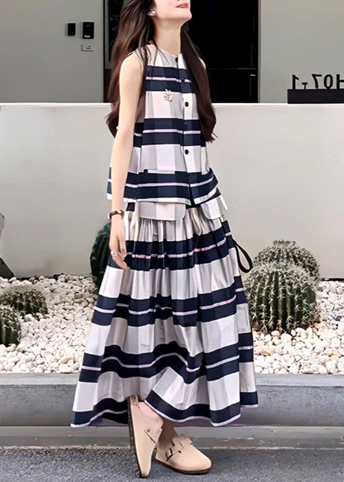 Art Striped O Neck Tops and Skirts Cotton Two Pieces Set Sleeveless