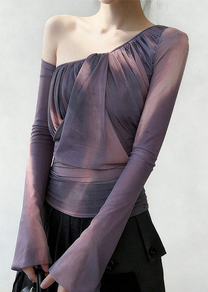 Purple One Shoulder Wrinkled Tulle Shirt Spring