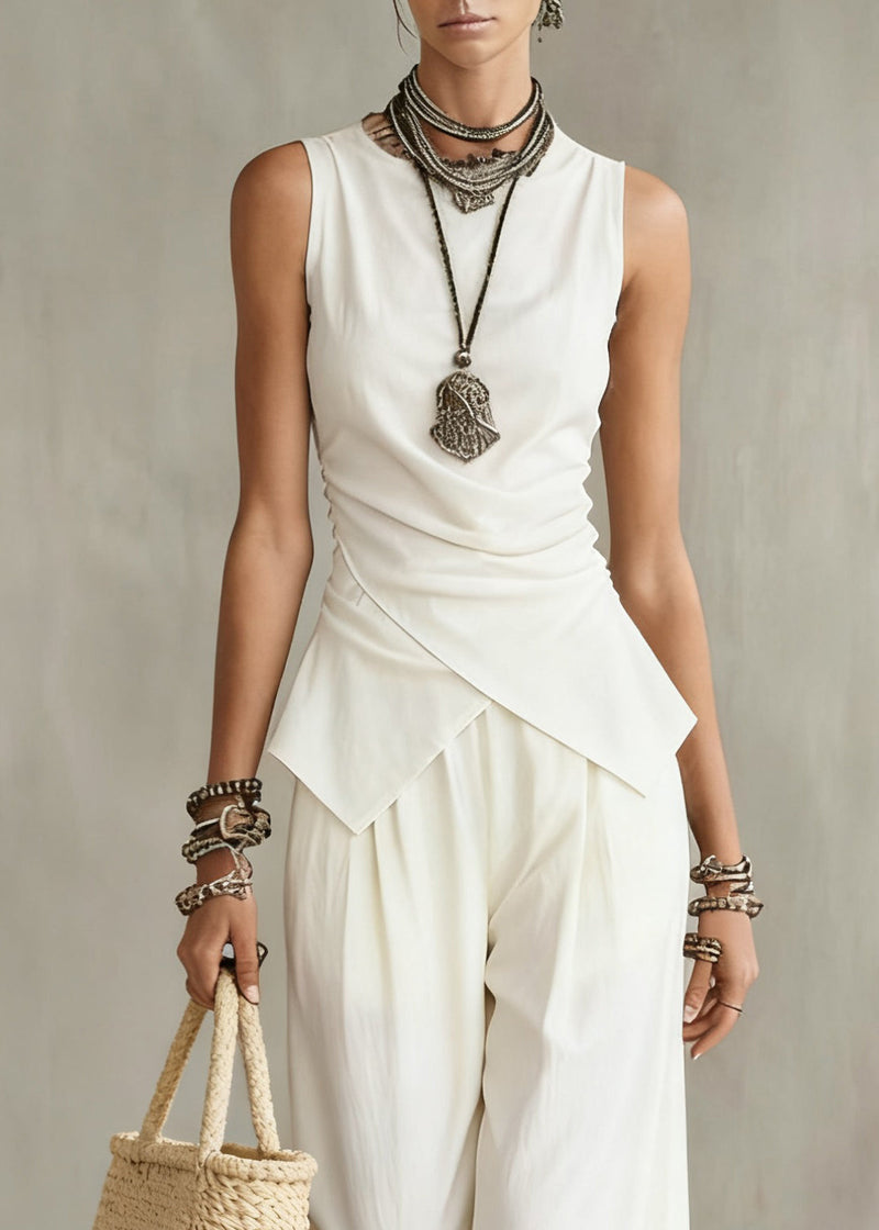French White Wrinkled Tops and Wide Leg Pants Cotton Two Pieces Set Sleeveless