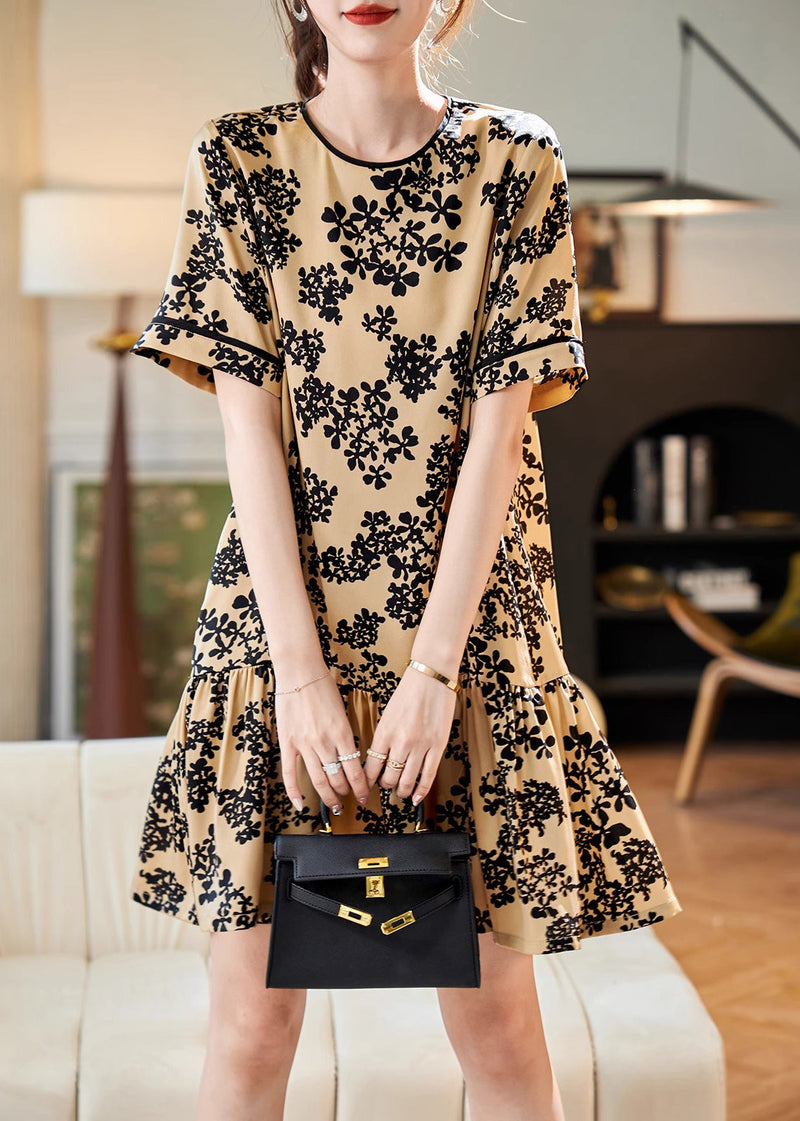 Apricot O-neck Print Patchwork Chiffon Mid Dress Summer