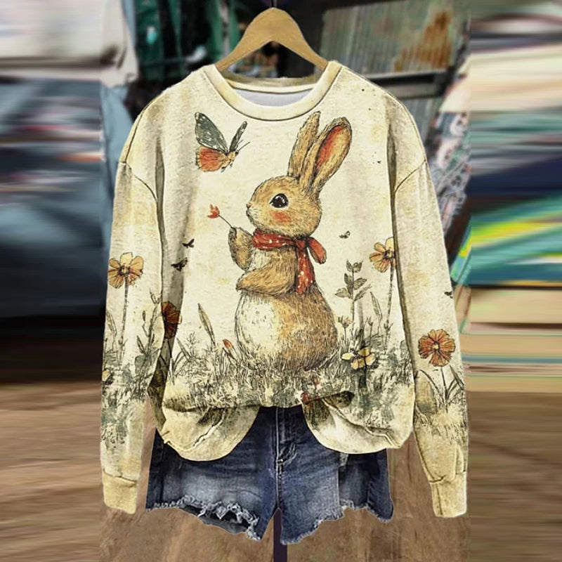 Comstylish Vintage Floral Rabbit Print Easter Sweatshirt