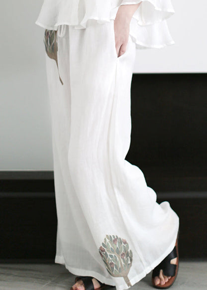 Loose White Stand Collar Patchwork Linen Two Pieces Set Flare Sleeve
