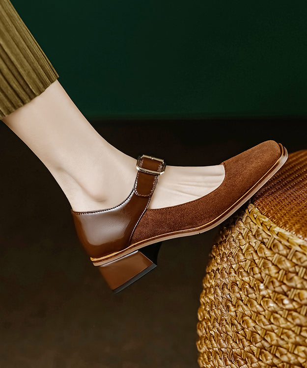 Apricot Suede Square Head Buckle High Heels