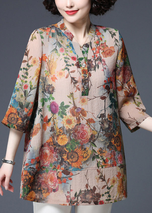 V Neck Print Button Cotton Shirts Three Quarter Sleeve