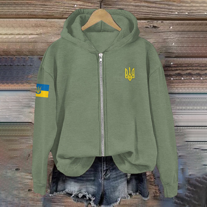 Comstylish Women Support Ukrainian Trident Symbol Zip Hoodie
