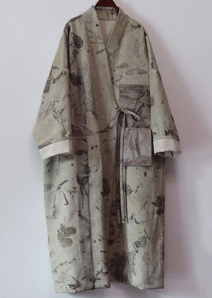 Dark Gray V Neck Lace Up Patchwork Cotton Long Trench Coats Fall