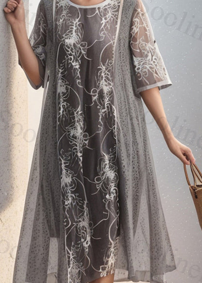 Grey O Neck Print False Two Pieces Silk Dresses Summer