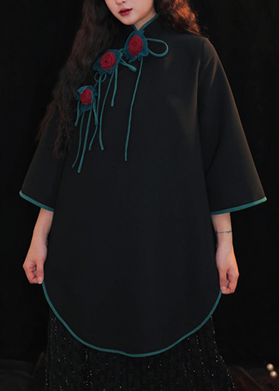 Handmade Black Stand Collar Asymmetrical Top Long Sleeve