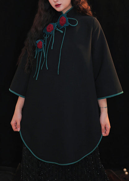 Handmade Black Stand Collar Asymmetrical Top Long Sleeve