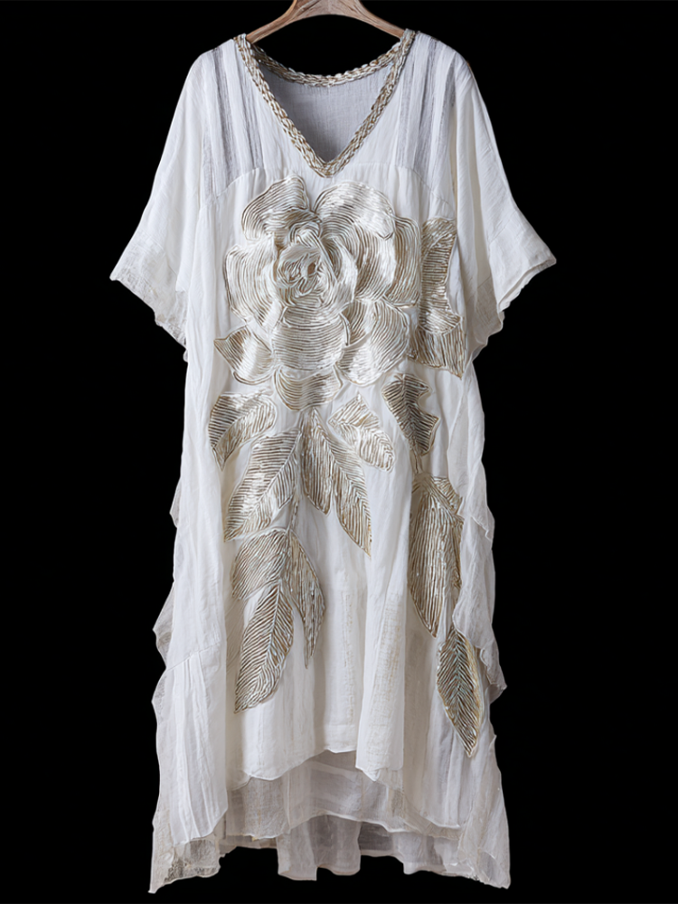 Retro White Rose With Sparkle Women's V-neck Long Dress artswardrobe