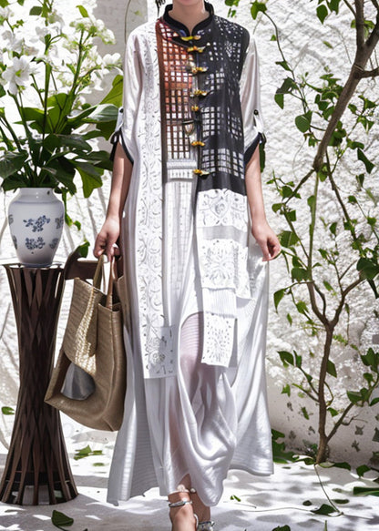 White Asymmetrical Print Silk Shirt Dress Summer