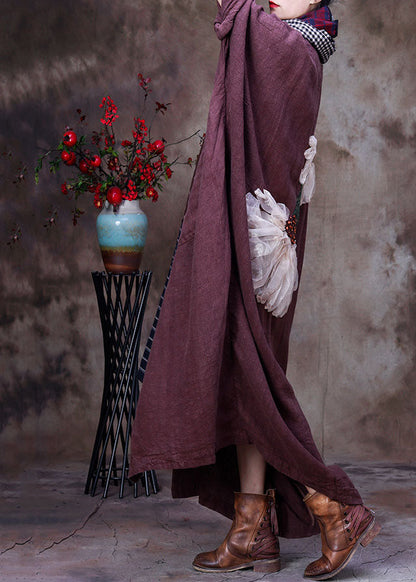 Chocolate Linen Trench Coat V Neck Handmade Long Sleeve Fall