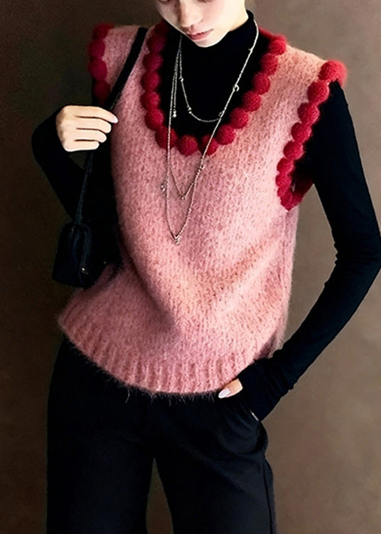 Handmade Pink Oversized Fuzzy Ball Decorated Knitted Vests Spring