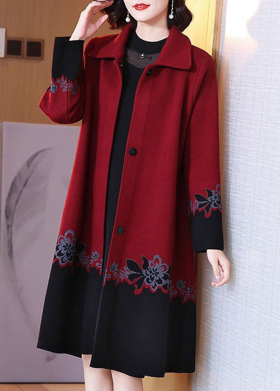 Red Button Print Patchwork Cotton Knit Coats Long Sleeve Fall