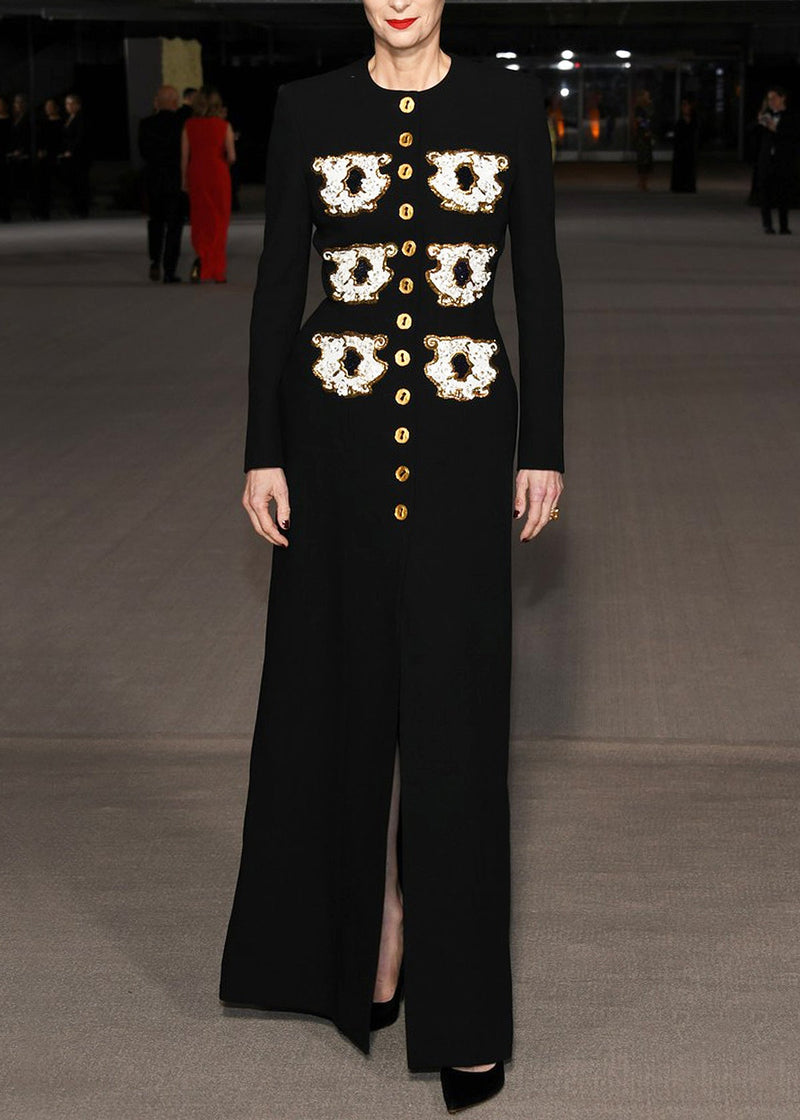 Original Design Black O-neck Sequins Button Long Coat Autumn
