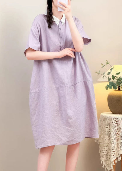 Purple Button Pockets Cotton Summer Dresses Peter Pan Collar