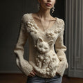 Comstylish Women's Vintage Cute Cat Art Knitted Warm Cazy V Neck Sweater