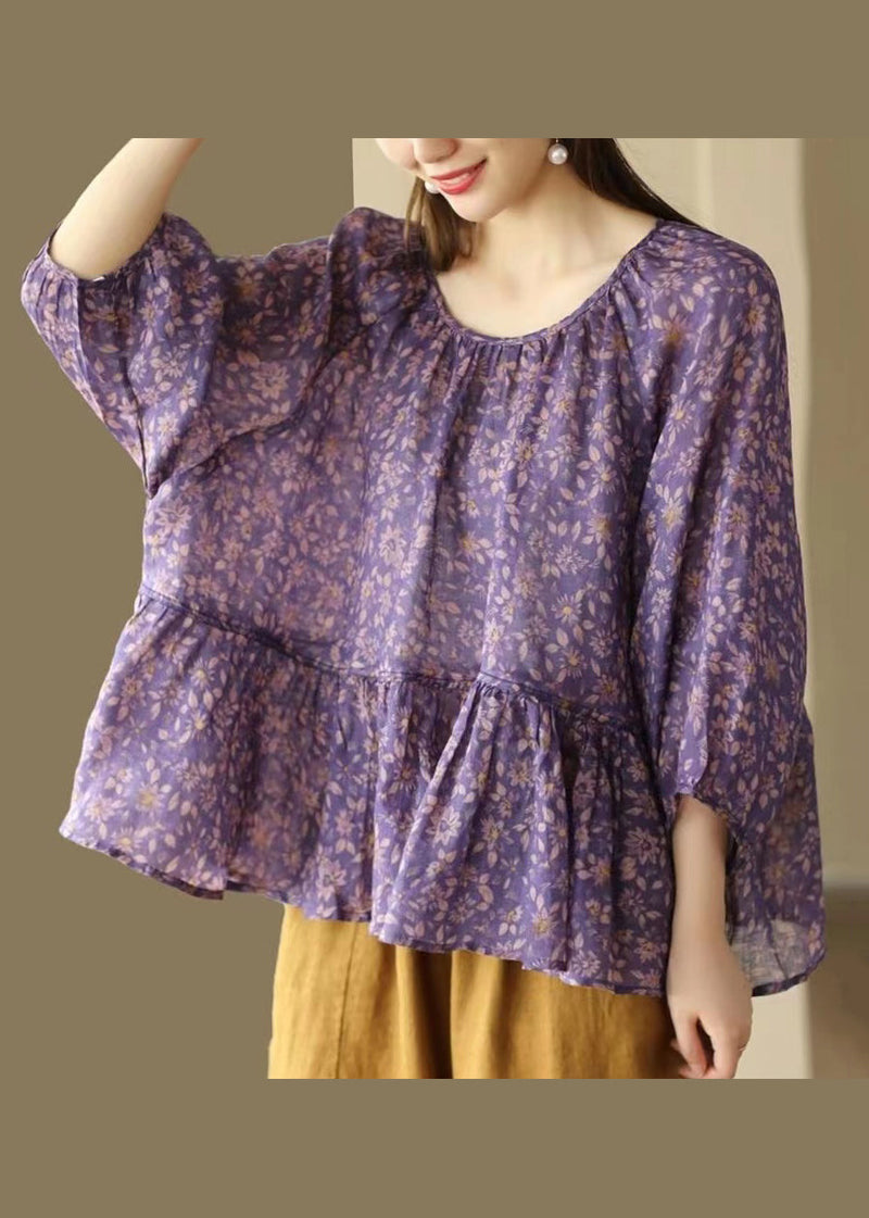 Green O Neck Print Patchwork Linen Shirts Summer