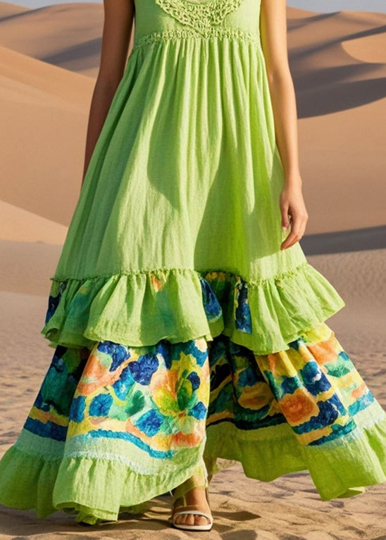 Grass Green Print Cotton Long Dresses Summer