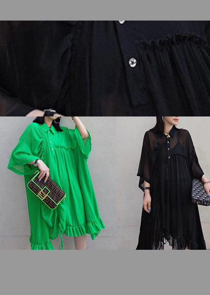 100% Green Dress Lapel Asymmetric Summer Dress