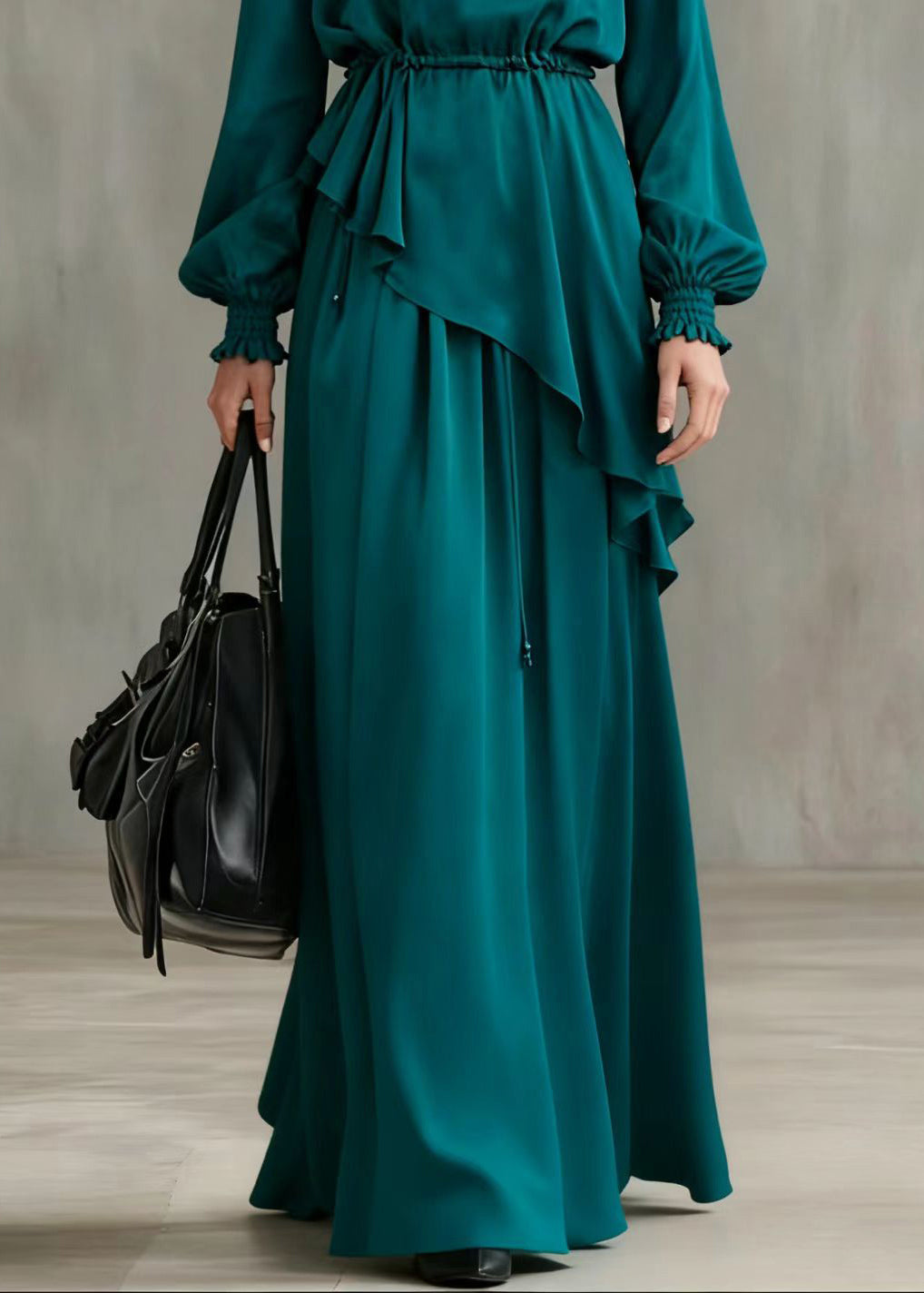 Peacock Blue Asymmetrical Cinched Cotton Two Pieces Set Summer